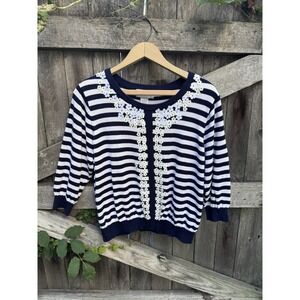 C.D. Petites Navy/White Stripe Sweater Size PXL 3D Floral Sequin Lightweight